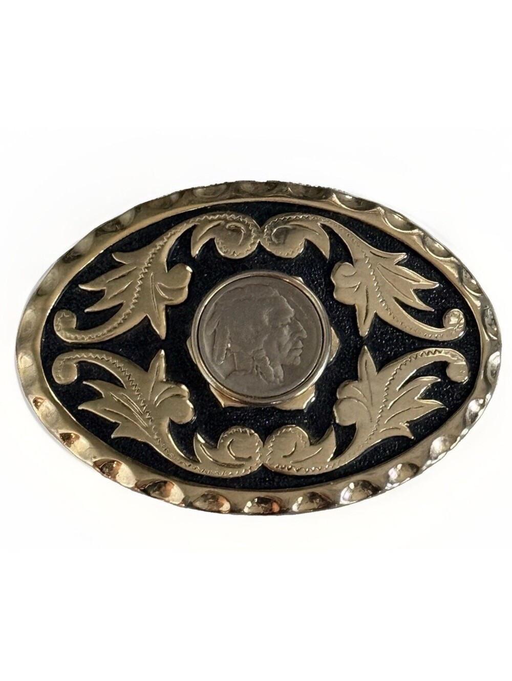 Vintage Buffalo Nickel Coin Belt Buckle Western Scroll Black Gold Tone Oval